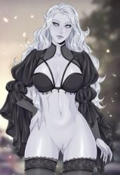 1girl blush bottomless bra cleavage elf eye_shadow falmer fit frills lace lingerie lokasenna_astriaal long_fingernails long_hair long_sleeves muiri_noir pussy relliel skyrim snow_elf solo the_elder_scrolls thigh_gap thighhighs thighs white_eyes white_hair white_skin