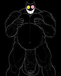 absurd_res animal_humanoid anthro balls big_balls big_muscles big_penis black_background black_body deltarune deltoids digital_media_(artwork) domestic_cat felid feline felis flaccid foreskin friend_(deltarune) genitals heterochromia hi_res huge_balls huge_muscles huge_penis humanoid male mammal musclegut muscular nastybluepal navel nude pecs penis pink_eyes quads simple_background smile solo teeth undertale_(series) yellow_eyes