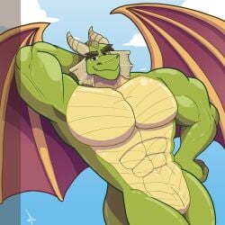 1:1 abs activision animal_genitalia anthro big_muscles blue_sky cloud countershade_neck countershade_torso countershading dragon eyebrows frill_(anatomy) genital_slit genitals green_body hand_on_hip hi_res horn leaning looking_at_viewer male membrane_(anatomy) membranous_wings mospy_(artist) multicolored_body muscular muscular_anthro muscular_male mythological_creature mythological_scalie mythology nestor_(spyro) nude outside pecs raised_arm rescued_dragons_(spyro) scales scalie simple_background sky smile solo spyro_reignited_trilogy spyro_the_dragon standing thick_eyebrows two_tone_body ventral_scales wings yellow_body yellow_countershading