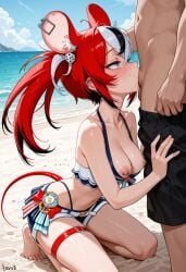 ai_generated beach bikini blush breasts breasts_out chitoque deepthroat ear_piercing hakos_baelz handjob hololive hololive_english hololive_english_-promise- kneeling medium_breasts nipple nipple_piercing one_eye_closed rat red_hair twintails