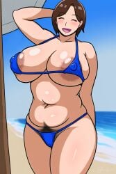 1girl beach bikini blush brown_hair closed_eyes covered_nipples dark_areolae excessive_pubic_hair mature_female milf open_mouth original pubic_hair solo