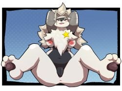 anthro anus bandai_namco breasts digimon digimon_(species) feet female female_anthro genitals hands_behind_head hi_res hindpaw kusosensei metal_arms nipples nude paws smile solo spread_legs spreading vulva wolvermon