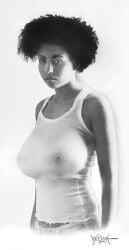 1girls 2017 areolae big_breasts black_hair braless breasts curly_hair dark-skinned_female dark_skin ebony female female_only huge_breasts nipples nipples_visible_through_clothing no_bra original solo solo_female tank_top traditional_media_(artwork) translucent_clothing woodywelch