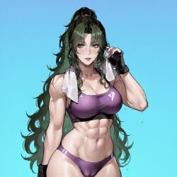1girls abs ai_generated alternate_hairstyle athletic_female blank_background blue_background breasts cameltoe eyeshadow fingerless_gloves green_eyes green_hair gym_clothes lipstick long_hair medium_breasts muscular_female nail_polish painted_nails path_to_nowhere ponytail procyon_ai purple_eyeshadow purple_lipstick purple_nails raven_(path_to_nowhere) solo solo_female solo_focus sports_bra sweaty sweaty_body thick_thighs towel towel_around_neck very_long_hair wide_hips