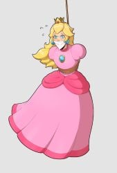 1girls blonde_hair blue_eyes bondage bound brooch captured_heroine cloth_gag crown damsel_in_distress dress earrings femsub gag gagged gagged_female gold_crown jewelry long_hair mario_(series) nintendo pink_dress princess princess_peach restrained rope skelebomb solo solo_female sphere_earrings super_mario_bros. suspended_in_midair suspension_bondage white_background