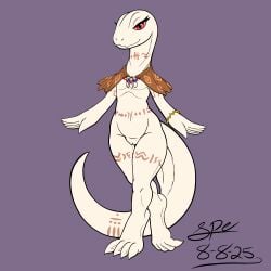 1:1 2025 4_toes 5_fingers absurd_res albino anthro arm_tattoo bangle beaded_jewelry beaded_necklace beads belly_tattoo big_tail bracelet capelet capelet_only claws clothing crusch_lulu cute_fangs dated digital_drawing_(artwork) digital_media_(artwork) digitigrade eyelashes fangs feet female female_anthro fingers flat_chested flat_colors front_view full-length_portrait genitals gold_(metal) gold_bangle gold_jewelry hi_res humanoid_hands innie_vulva jewelry leg_tattoo lizard lizardman lizardman_(overlord) long_neck long_tail looking_at_viewer monotone_body mostly_nude mostly_nude_anthro mostly_nude_female neck_tattoo necklace orange_capelet orange_clothing orange_tattoo overlord_(series) pattern_capelet pattern_clothing portrait procreate_(artwork) pupils purple_background red_eyes reptile scalie signature simple_background slit_pupils smile smiling_at_viewer snout solo spe standing tail tail_dimple tail_tattoo tapering_tail tattoo teeth thick_tail thick_thighs thigh_gap thigh_tattoo toe_claws toes tribal tribal_tattoo vulva white_body white_outer_labia white_vulva wide_hips wrist_bangle