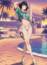 ai_generated arm_up black_hair bleach crop_top drink gtav_cover_girl holding_object looking_at_viewer pool soifon standing sui-feng sunglasses sunset tattoo_on_legs white_bikini