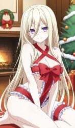 ai_generated almost_naked big_breasts british_female christmas_tree date_a_live ellen_mira_mathers fireplace gift_wrapped light-skinned_female mage pixiv platinum_blonde_hair purple_eyes wooden_floor