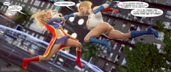 2girls 3d ass blonde_female blonde_hair dc dc_comics female fighting huge_breasts justice_league kara_zor-el leta power_girl pussy short_hair short_skirt supergirl upskirt