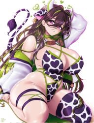 1girl :o arm_at_side arm_behind_head blush breasts cleavage cow_ears cow_girl cow_tail female goddess_of_victory:_nikke green_nails guilty_(nikke) heart huge_breasts sevie solo thick_thighs wide_hips