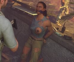 1girl2boys 3d 3d_(artwork) 3d_render black_hair bondage bound captive captured cleave_gag damsel_in_distress daz3d daz_3d daz_studio defiant ebony_female exposed_breasts exposed_midriff exposed_shoulders gagged gagged_female hands_behind_back nadine_ross rope_bondage tied_hands torn_clothes torn_clothing treasure uncharted uncharted_4 uncharted_the_lost_legacy wolfguybynight