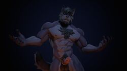 16:9 3d_(artwork) 4k abs absurd_res anthro balls beard biceps black_beard black_facial_hair black_hair black_sclera blender_(artwork) body_hair canid canine canis chest_hair countershade_face countershade_legs countershade_torso countershading digital_media_(artwork) erection facial_hair fur genitals glans grey_body grey_countershading hair hi_res humanoid_genitalia humanoid_penis male mammal muscular muscular_anthro muscular_male nipple_piercing nipple_ring nipples nude nude_anthro nude_male orange_eyes pawmakelove pecs penis piercing pubes ring_piercing ronin_(innovator_aegis) simple_background solo tail widescreen wolf