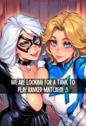 2girl 2girls ai_assisted ai_generated black_cat_(marvel) english english_text fantastic_four felicia_hardy horny invisible_woman invisible_woman_(marvel_rivals) marvel marvel_comics marvel_rivals nay_juno snapchat spider-man_(series) sue_storm text