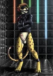 2017 alternate_version_at_source ankles_tied anthro balls black_collar black_straitjacket blindfold bottomless bound brown_hair brown_spots clothed clothing collar dated erection fangs felid feline front_view full-length_portrait fur gag genitals gradient_penis hair hi_res hufnaar humanoid_genitalia humanoid_penis jonas_(adrital) male male_anthro mammal markings obscured_eyes open_mouth penis pink_penis portrait restraints ring_gag short_hair slim_anthro slim_male solo solo_male spots spotted_body spotted_fur spotted_legs spreader_bar standing straitjacket submissive_male teeth yellow_balls yellow_body yellow_fur yellow_penis