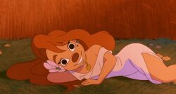 1995 1girl 1girls 90s a_goofy_movie animated animated_gif anthro ass bare_legs bare_shoulders black_eyes breasts brown_nose canine choker clothing collar disney dream dress earrings eyebrows female field flower flower_hair_ornament furry furry_female goof_troop hair hair_flower hair_ornament long_hair lowres lying_on_side mammal mole mole_under_eye plant red_hair roxanne_(a_goofy_movie) roxanne_(goof_troop) solo straw tagme tan_body teenage_female teenage_girl teenager thick_eyebrows white_dress