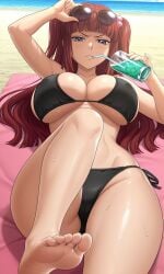 07th_expansion ai_generated ange_ushiromiya beach big_ass bikini blue_eyes boobs curvy dominant dominant_female hot large_breasts pervert red_hair sexy suggestive sweat teenage_girl thicc thick_thighs umineko_no_naku_koro_ni