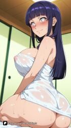1girl ai_generated artist_name ass bangs bare_shoulders black_hair blunt_bangs blush breasts closed_mouth covered_nipples from_behind hinata_hyuuga huge_ass hyuuga_hinata indoors large_breasts long_hair looking_at_viewer looking_back naked_towel naruto naruto:_the_last naruto_(classic) naruto_(series) naruto_shippuden nipples patreon questionable see-through seiza senpai_pixels shiny shiny_skin sitting smile solo sweat thick_thighs thighs towel wet wet_towel white_eyes