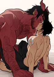 affection beard black_hair body_hair chest_hair claws closed_eyes clothed couple_(romantic) dark_hair demon dom drooling earrings facial_hair foreplay gay glowing_markings hairy hairy_arms half_dressed horns human imminent_sex incubus kissing light_skin male male/male male_on_male male_only monster muscles muscular muscular_male original_character pecs piercing pinned_down pointy_ears red_skin s-13 saliva sitting size_difference stubble suyohara the_devil_and_s-13 twitter_user_oc