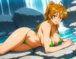 1girls ai_generated anime anime_style bangs beautiful_girl chestnut_hair curvaceous daytime eternoai fantasy female_only green_bikini heavenly_body high_school highschool_of_the_dead inviting_to_sex japanese large_breasts laying_on_stomach lustful_gaze manga micro_bikini nature_background navel outdoors perfect_body photoshoot rei_miyamoto rocks seductive_eyes seductive_pose sexy smiling solo_female summer thick_thighs voluptuous_female water waterfall