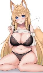 2026 ahoge animal_humanoid big_breasts blonde_hair blue_eyes blush bra breasts camel_toe canid canid_humanoid canine canine_humanoid cleavage clothed clothing dipstick_tail female fox_humanoid hair hi_res humanoid long_hair mammal mammal_humanoid markings navel panties simple_background sitting sogaya solo tail tail_markings translucent translucent_clothing underwear white_background