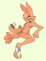 3:4 absurd_res anthro balls cellphone cheek_tuft chest_tuft electronics erection facial_tuft fur genitals half-closed_eyes hi_res humanoid_genitalia humanoid_penis lagomorph leporid looking_at_porn male mammal masturbation narrowed_eyes orange_body orange_fur penile penile_masturbation penis phone pornography rabbit smartphone solo tuft underwear_around_foot vein veiny_penis xing1