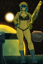 1girls 2026 artist_name backlighting belly_button big_breasts black_bra black_panties boots bra buttoned_shirt checkpoint cleavage combat_boots english_text female full_body general_commander_(xenofeels) green_hair gun hand_on_hip hat holding_gun holding_shotgun lingerie long_hair long_sleeves looking_at_viewer military_hat military_officer military_uniform navel officer open_jacket open_shirt outer_space panties pantsless planet ponytail shaded shotgun smile solo space star stop_sign sun underwear unop xenofeels yellow_outline yellow_skin