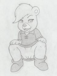 adventures_of_the_gummi_bears anthro bear clothing crouching cub disney female flashing infamousrel looking_at_viewer mammal open_mouth presenting pussy solo sunni_gummi ursid ursine