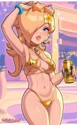 1girls alternate_version_available armwear bare_shoulders bikini bikini_bottom bikini_top blonde_hair blush bottomwear bracelet breasts choker cleavage cosplay drink ear_piercing earrings female female_only flower flower_in_hair grand_theft_auto_vi hair hair_ornament hair_over_one_eye half-closed_eyes headwear high_resolution highres hips holding_drink holding_object hoop_earrings lips long_hair mario_(series) medium_breasts nail_polish nails neckwear nintendo parted_lips pose posing princess_rosalina purple_nail_polish purple_nails sarukaiwolf solo solo_female sparkles star_bikini string_bikini sunglasses sunglasses_on_head swimwear thick_lips thighs topwear vice_city_cover_girl yellow_bikini