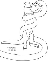 1999 animal_genitalia balls dated duo eye_contact feral genitals imminent_oral_vore imminent_vore looking_at_another low_res male male/male mammal monochrome mustelid nude_male open_mouth otter otter_tail reptile scalie sheath size_difference snake standing urbanhermit wrapped_around_another