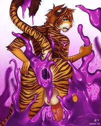 anthro anus azelyn backsack balls blue_eyes felid gaping gaping_anus humanoid_penis looking_back male male_only mammal nude pantherine penis solo standing tentacle tentacle_grab tiger vein