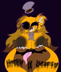 anthro areola bowtie brown_areola brown_nipples chaoticdream claws female five_nights_at_freddy's five_nights_at_freddy's_4 grabbing grabbing_own_breast hat holding holding_breast large_breasts large_thighs massive_breasts massive_thighs nightmare_fredbear nightmare_fredbear_(fnaf) nipples sharp_teeth simple_background tagme thick_thighs tongue tongue_out