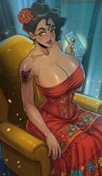 ai_assisted big_breasts big_lips cleavage corset dark-skinned_female energy_drink flower_in_hair looking_at_viewer manitu mexican mexican_female monster_(beverage) red_dress red_nails short_hair tattooed_arm
