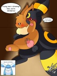 black_(eeveelution_squad) blushing_at_viewer dialogue eevee eeveector eeveelution_squad from_behind glaceon looking_at_viewer pokemon room simple_background sunshine_(eeveelution_squad) surprised_expression umbreon wet_pussy