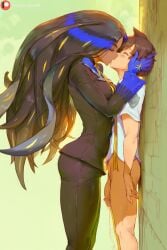 1boy 1girl 1girls ai_generated black_hair blush blushing brown_hair closed_eyes dominant dominant_female female femdom flaccid florian_(pokemon) geeta_(pokemon) kiss kissing lucakp male no_pants patreon patreon_link patreon_logo patreon_reward patreon_url patreon_username penis pokemon pokemon_sv precum shorter_male simple_background suit tagme taller_female