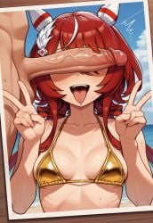 ai_generated beach bikini blue_sky blush double_v ear_covers feathers gold_bikini hair_between_eyes hair_bow hair_ornament low_twintails medium_hair open_mouth penis penis_over_eyes photo_(object) red_bow red_hair sand sea small_breasts tongue_out umamusume umamusume_pretty_derby win_variation_(umamusume)