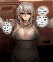 1girls ambiguous_gender arczaeon background big_breasts blue_eyes bra breasts chubby dante_(limbus_company) dialogue faust_(limbus_company) large_breasts limbus_company offering pov project_moon see-through sweater talking thick_thighs thunder_thighs transparent_clothing white_hair