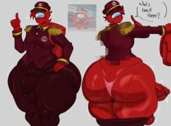 2d_(artwork) ame_momos among_us among_us_(series) among_us_red ass_bigger_than_head back_view backpack big_ass big_butt bulge bulge_through_clothing censored child_bearing_hips clothed gray_background huge_ass mosaic_censoring pink_thong red_hair red_skin text_bubble thick_ass thick_legs thick_thighs thong thumbs_up uniform