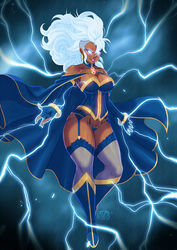 1girls artist_name artist_signature ass ass_visible_through_thighs boots breasts cape cleavage dark-skinned_female dark_skin floating garter_straps lighting looking_at_viewer marvel marvel_comics ororo_munroe panties rain raining stockings storm_(x-men) thick_thighs thigh_gap thighs thong tovio_rogers water watermark weather wet white_hair wide_hips x-men