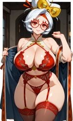 ai_generated big_breasts curvaceous curvy glasses houseofwaifu huge_breasts lingerie lingerie_only milf milf_body nintendo purah the_legend_of_zelda thick_ass thick_hips thick_legs thick_thighs white_hair wide_hips wide_thighs