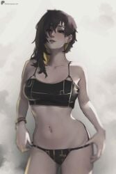 1girls artist_name asymmetrical_hair belly_button_piercing binah_(project_moon) black_eyes black_hair black_panties black_shirt bracelet cowboy_shot crop_top earrings frizzy_hair library_of_ruina medium_breasts meemo.psd mole_under_eye navel_piercing pale-skinned_female pale_skin panties panty_pull project_moon solo two-tone_hair yellow_hair