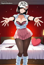 1girl ai_generated anime anime_style artist_name baseball_cap bed black_choker black_hair bob_cut bouryoku_banzai bra breasts brown_eyes choker cleavage collarbone collared_shirt hat heart heart-shaped_pillow hentai hi_res indoors large_breasts looking_at_viewer loose_socks miniskirt miu_(bouryoku_banzai) mole mystic_maidens on_bed open_clothes open_shirt outstretched_arms panties pantyhose parted_lips patreon patreon_username pillow pink_skirt pleated_skirt shirt short_hair short_sleeves skirt smile socks solo standing unbuttoned unbuttoned_shirt underwear unworn_panties white_headwear white_shirt