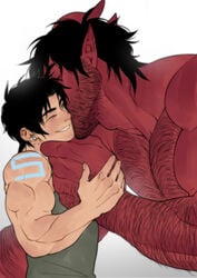 2boys affection beard beefy black_hair body_hair chest_hair closed_eyes clothed cute dark_hair demon dom ear_piercing earrings facial_hair gay glowing_markings hairy hairy_arms hairy_male hand_under_chin horns human humanoid incubus interracial kissing_cheek light_skin male male/male male_on_male male_only masculine mature_male monster muscles muscular muscular_male one_eye_closed original_character pecs pointy_ears red_skin s-13 size_difference smile stubble suyohara tank_top the_devil_and_s-13 twitter_user_oc yaoi yellow_eyes