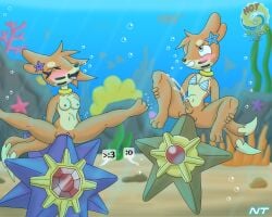 2_tails 5:4 abdominal_bulge aki_waihana ambiguous_gender anal anal_penetration anthozoan anthro anus aquatic arm_fin artist_initials asterozoan balls belly bikini bikini_top bikini_top_only blue_eyes blush bodily_fluids bottomless breasts brother_(lore) brother_and_sister_(lore) brown_body bubble buizel circle_eyebrows clitoris clothed clothing cnidarian coral crossdressing_male cum cum_while_penetrated dipstick_tail echinoderm ejaculation emote erection eyebrows eyelashes eyes_closed fan_character female fin flotation_sac foreskin generation_1_pokemon generation_4_pokemon genital_fluids genitals glans group hair hands-free head_tuft hi_res humanoid_genitalia humanoid_penis humanoid_vulva male male_penetrated mammal markings multi_tail mustelid ninjatreecko nintendo nipples orange_body parallel_sex partially_retracted_foreskin penetration penis pokemon pokemon_(species) pokemorph purple_body sea seaweed sex sibling_(lore) sister_(lore) spread_legs spreading starfish starfish_(accessory) starmie staryu swimwear tail tail_markings tan_belly tongue tongue_out topwear topwear_only tuft two-piece_swimsuit underwater underwater_scenery underwater_sex vaginal vaginal_penetration vulva water whisker_markings