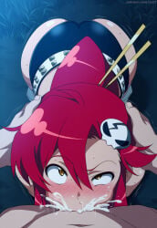 1boy 1girl 1girls ahegao ai_generated all_the_way_to_the_base ass blush bodily_fluids cum cum_in_mouth deepthroat ejaculation first_person_view flustered from_above head_grab irrumatio looking_at_viewer night oral oral_penetration oral_sex pov sweat tengen_toppa_gurren_lagann uneven_eyes watermark yoko_littner zzz7