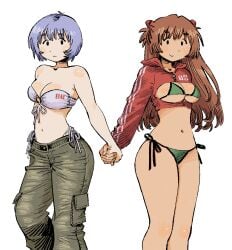 2girls asuka_langley_sohryu belly belly_button bikini blue_hair curvy female female_focus green_bikini holding_hands long_hair looking_at_viewer neon_genesis_evangelion orange_hair pale-skinned_female pale_skin pants pantyhose rei_ayanami short_hair slim_waist smile standing swimsuit tagme tan_skin white_background white_bikini