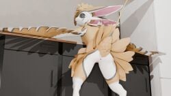 16:9 3d_(artwork) 4_ears anthro anus avali avian bird blender_(artwork) blender_cycles_(artwork) butt digital_media_(artwork) feathers female genitals grey_eyes hair halfnar hi_res kita'vali kitchen looking_back multi_ear nude smile solo standing tail tongue tongue_out vulva widescreen