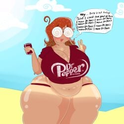 1girls :3 big_stomach dr_pepper hyper hyper_ass hyper_breasts shiny_skin sweat sweatdrop swirly_glasses tagme tummy