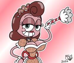 1girls baroness_von_bon_bon bob_cut breasts cuphead_(game) dark_green_eyes duster eyelashes female female_only half-closed_eyes half-lidded_eyes hand_on_hip lipstick looking_at_viewer maid maid_apron maid_headdress maid_uniform maroon_hair montatora-501 neckwear one_hand_on_hip panties pink_body pink_skin png red_lipstick red_panties smile studio_mdhr the_cuphead_show