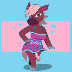 1:1 animal_crossing animal_genitalia animal_penis anthro breasts clothing collared_shirt dress_shirt equid equine equine_genitalia equine_penis genitals gynomorph hi_res horse intersex kamikiller mammal nintendo penis reneigh_(animal_crossing) shirt solo topwear