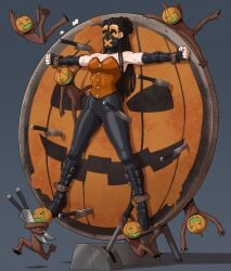 1girl 1girls bondage commission corset female_focus halloween_pumpkin leather_boots leather_pants multiple_monsters multiple_others original restrained skelebomb strapped_to_a_table target_practice throwing_knife
